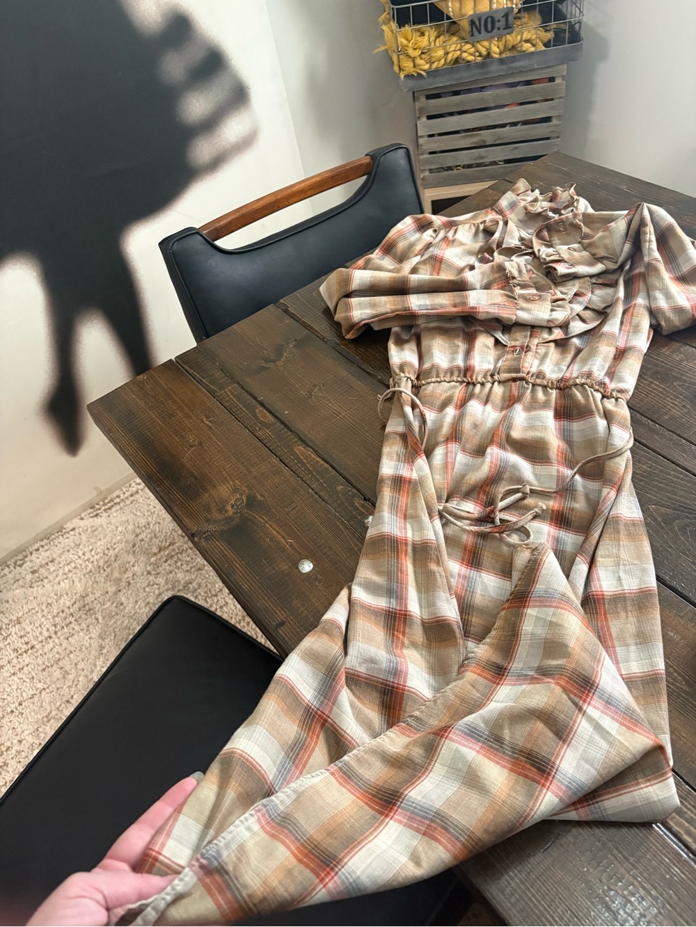 Vintage Plaid Long Sleeve ruffle Dress in Beige, Tan & Orange